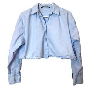 ZARA 100% Cotton Cropped Lt Blue Poplin Button Up Collared Shirt w/ Frayed Hem-M